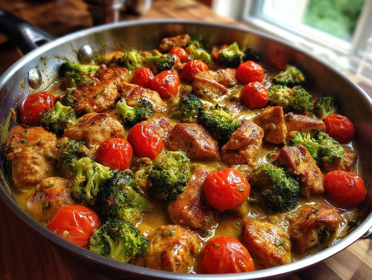 Nahaufnahme einer cremigen Brokkoli-Hähnchen-Pfanne mit ganzen Kirschtomaten in einer metallischen Pfanne.