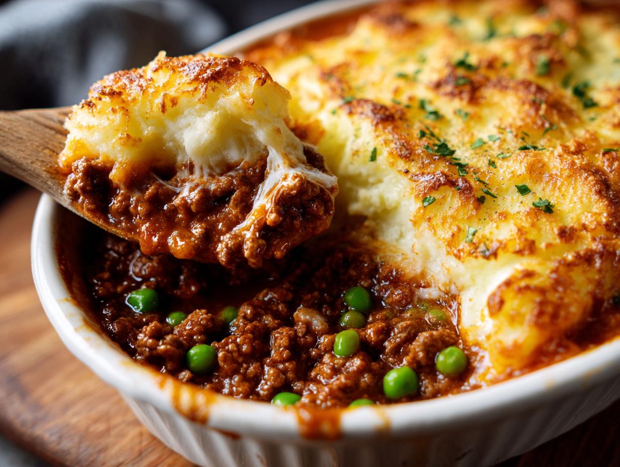 Cremige Hackfleisch Jäger Art Auflauf mit Kartoffelpüree-Decke und Erbsen.
