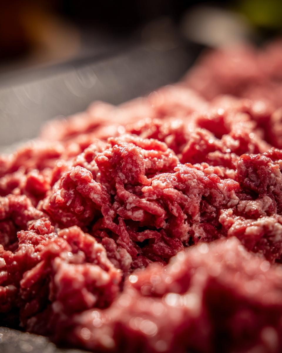 Nahaufnahme von frischem, rohem Hackfleisch, bereit für die Zubereitung von Cremige Hackfleisch Jäger Art.