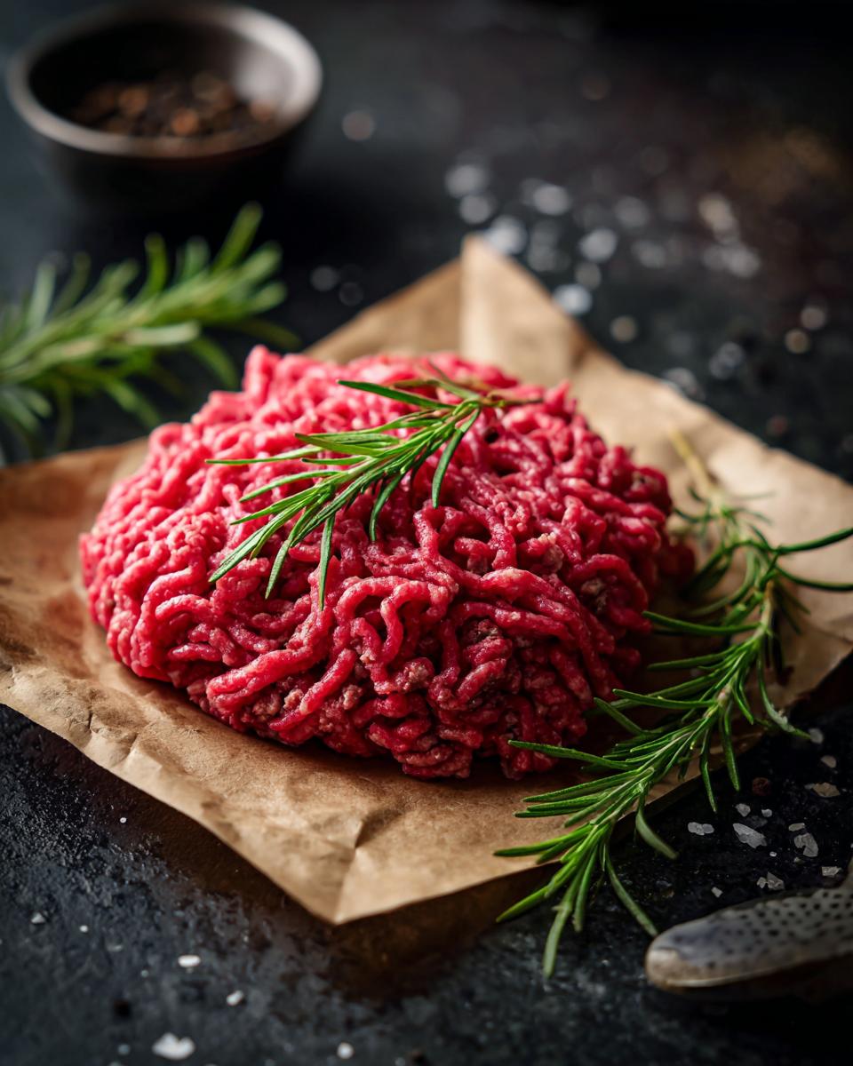 Frisches, rohes Hackfleisch für Cremige Hackfleisch Jäger Art, garniert mit Rosmarin.