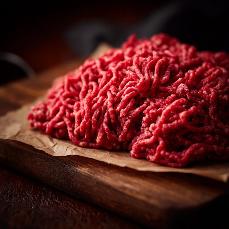 Ein Haufen frisches, rotes Hackfleisch auf einem Holzbrett für Cremige Hackfleisch Jäger Art.