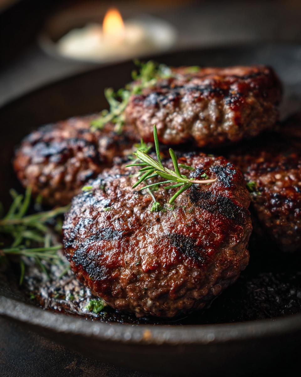 Close-up of juicy, grilled Cremige Hackfleisch Jäger Art patties garnished with rosemary.