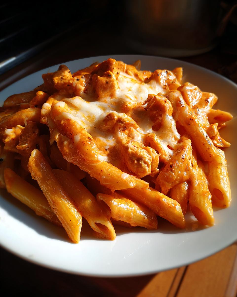 Nahaufnahme von cremiger Hähnchen-Mozzarella-Pasta mit Penne-Nudeln und geschmolzenem Mozzarella.