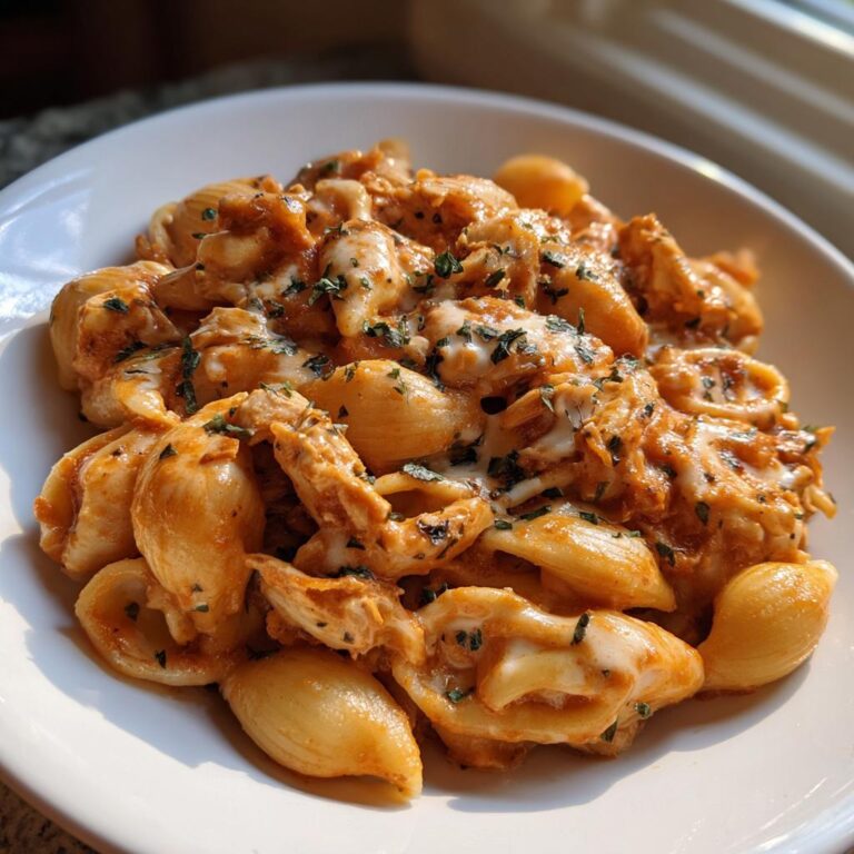 Nahaufnahme einer Schüssel mit cremiger Hähnchen-Mozzarella-Pasta, garniert mit Petersilie.