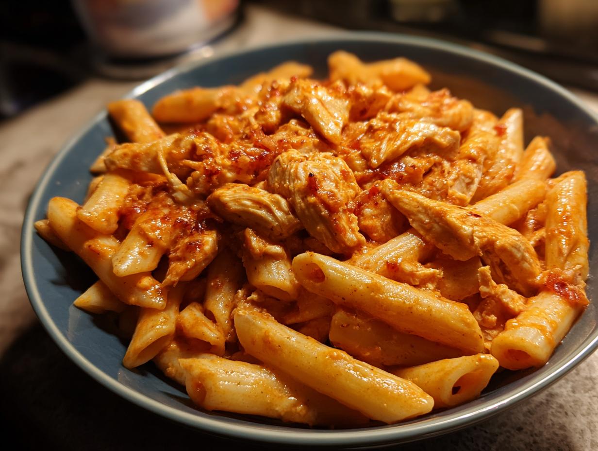 Nahaufnahme einer Schüssel mit cremiger Hähnchen-Mozzarella-Pasta, Penne-Nudeln mit Hähnchenstücken in einer roten Sauce.