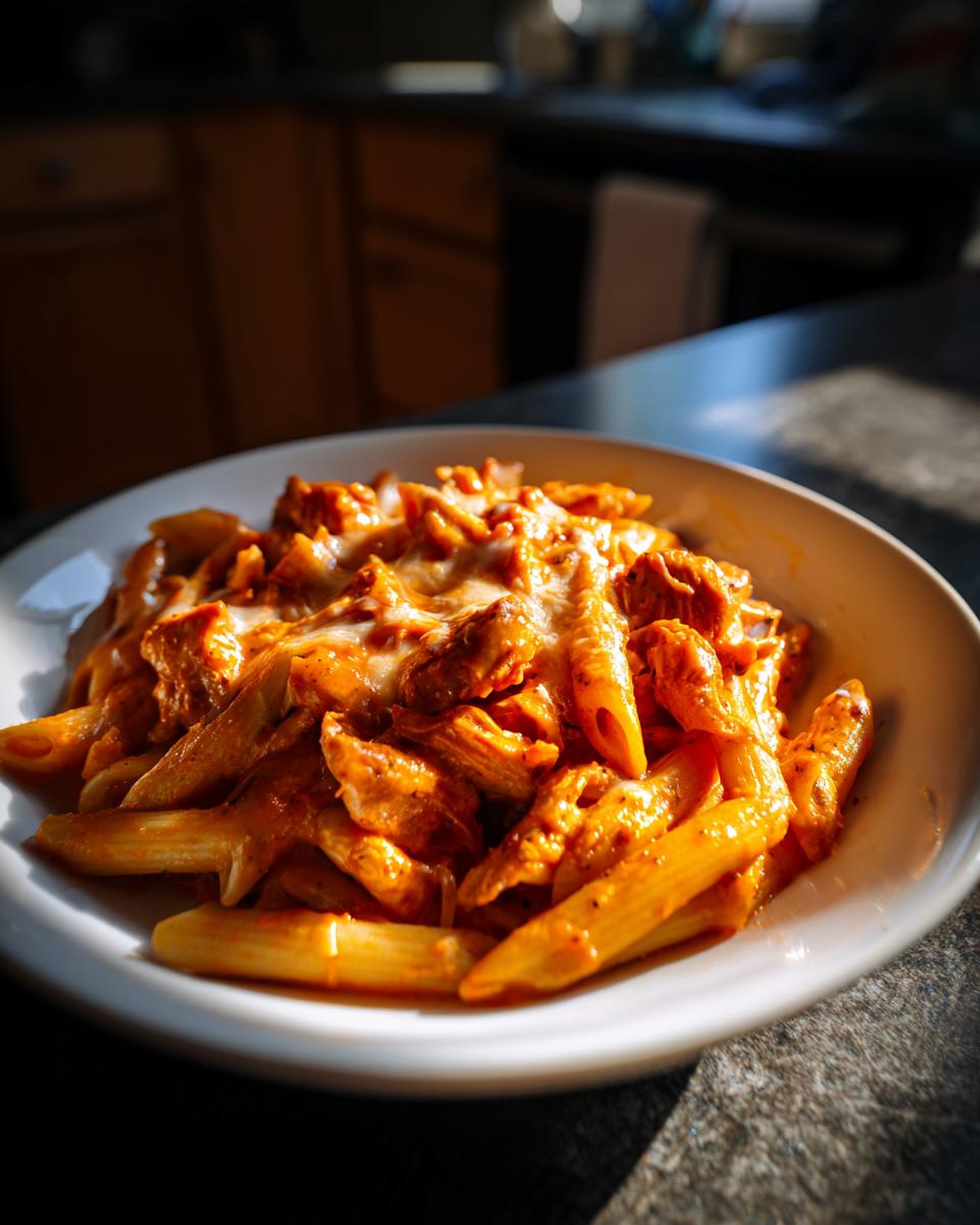 Eine Schüssel cremiger Hähnchen-Mozzarella-Pasta mit Penne-Nudeln in einer roten Sauce und geschmolzenem Mozzarella.