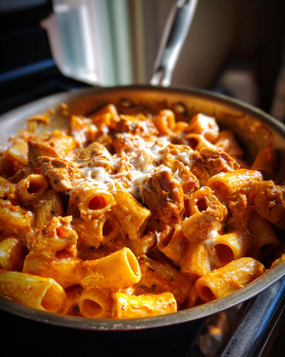 Nahaufnahme von cremiger Hähnchen-Mozzarella-Pasta mit Rigatoni und Hähnchenstücken, garniert mit geschmolzenem Käse.