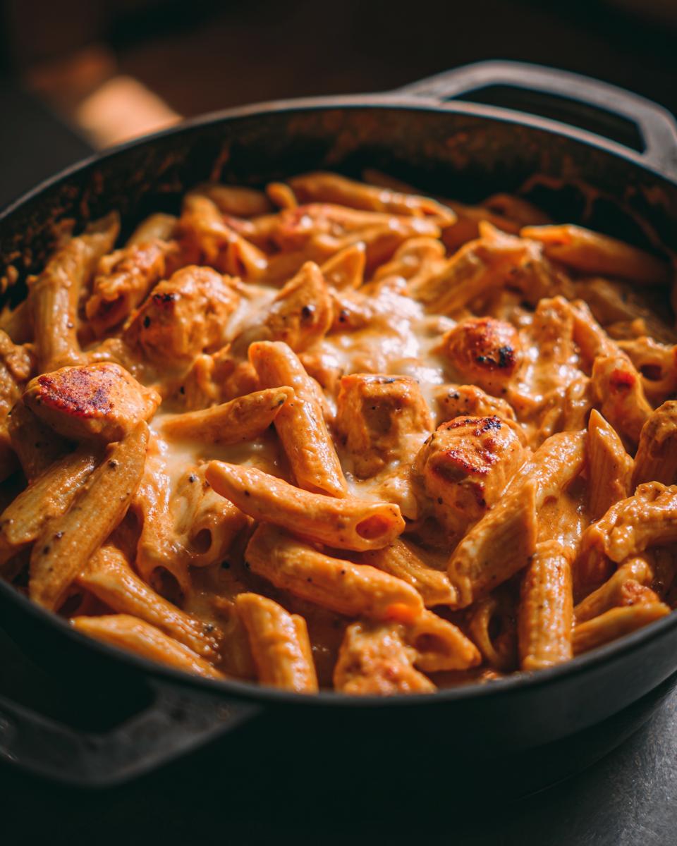 Nahaufnahme von cremiger Hähnchen-Mozzarella-Pasta, serviert in einem schwarzen Topf, mit geschmolzenem Käse.