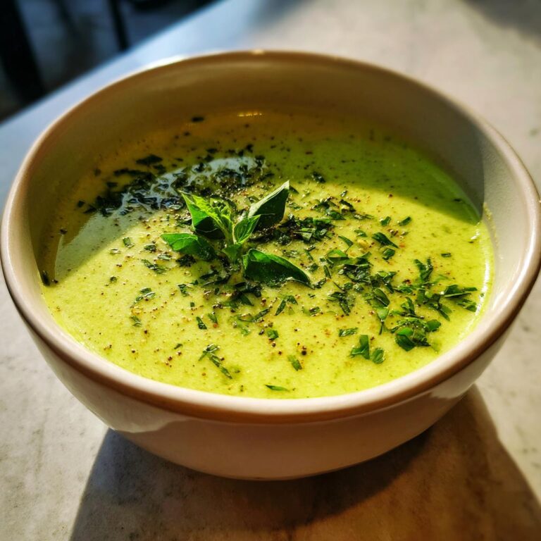 Eine Schüssel mit cremiger Zucchinisuppe, garniert mit frischen Kräutern und Pfeffer.