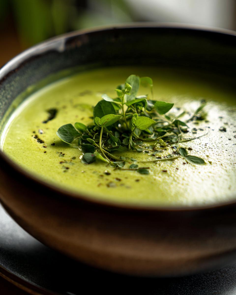 Nahaufnahme einer cremigen Zucchinisuppe, garniert mit frischen Kräutern und Pfeffer.