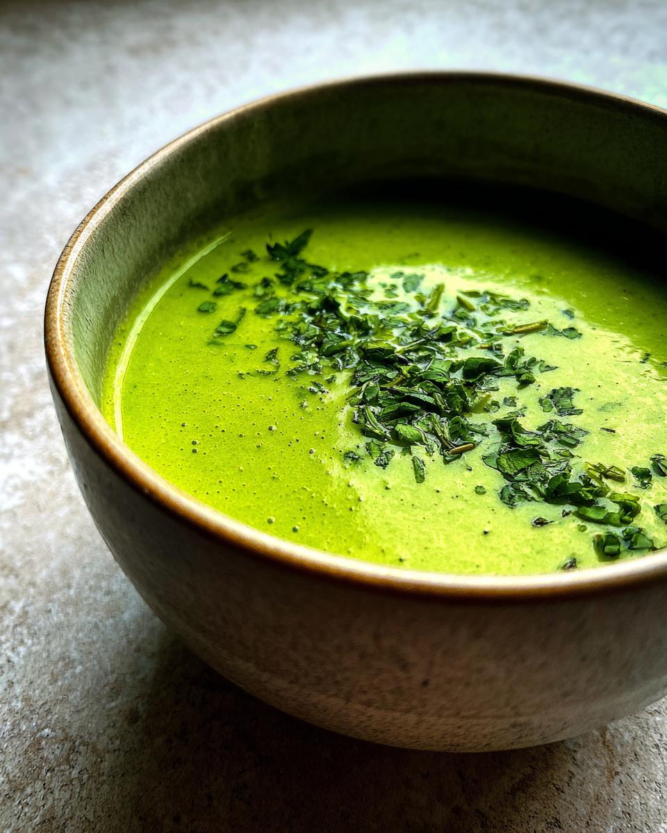 Nahaufnahme einer Schüssel mit cremiger Zucchinisuppe, garniert mit gehackten Kräutern.
