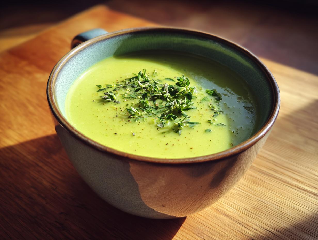 Eine Schüssel cremiger Zucchinisuppe, garniert mit frischen Kräutern und Pfeffer.