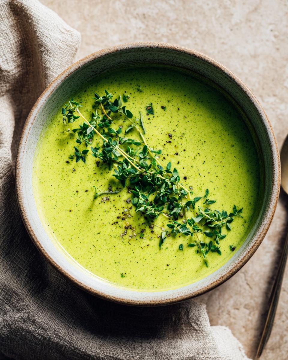 Eine Schüssel mit cremiger Zucchinisuppe, garniert mit Thymian und schwarzem Pfeffer.