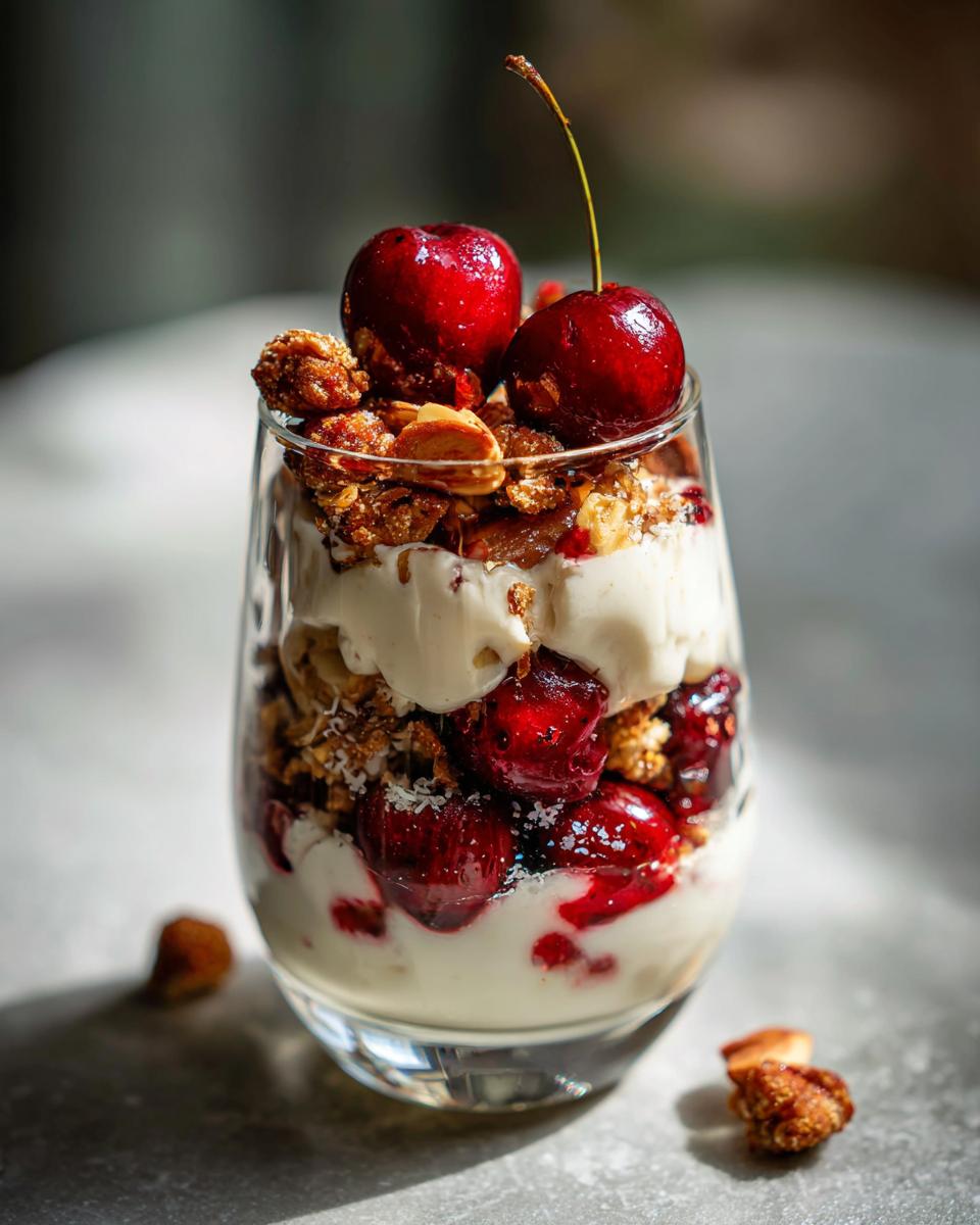 Cremiges Zimtparfait im Glas geschichtet mit Kirschen, gebrannten Mandeln und Sahne.