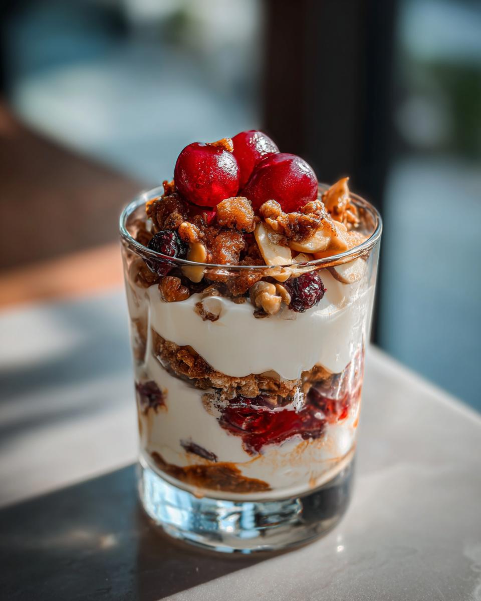 Cremiges Zimtparfait im Glas geschichtet mit Kirschen, gebrannten Mandeln und Streuseln.