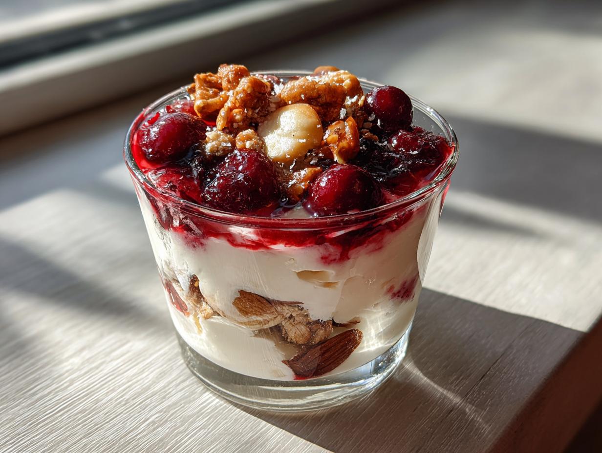 Cremiges Zimtparfait mit gebrannten Mandeln und Kirschen in einem Glas, garniert mit Nüssen.