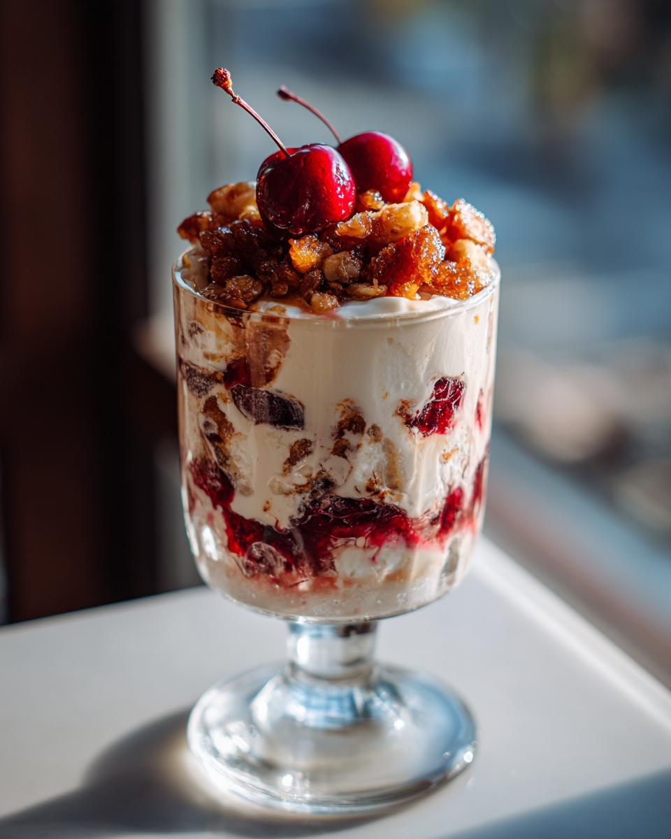Cremiges Zimtparfait mit gebrannten Mandeln und Kirschen, garniert mit frischen Kirschen.