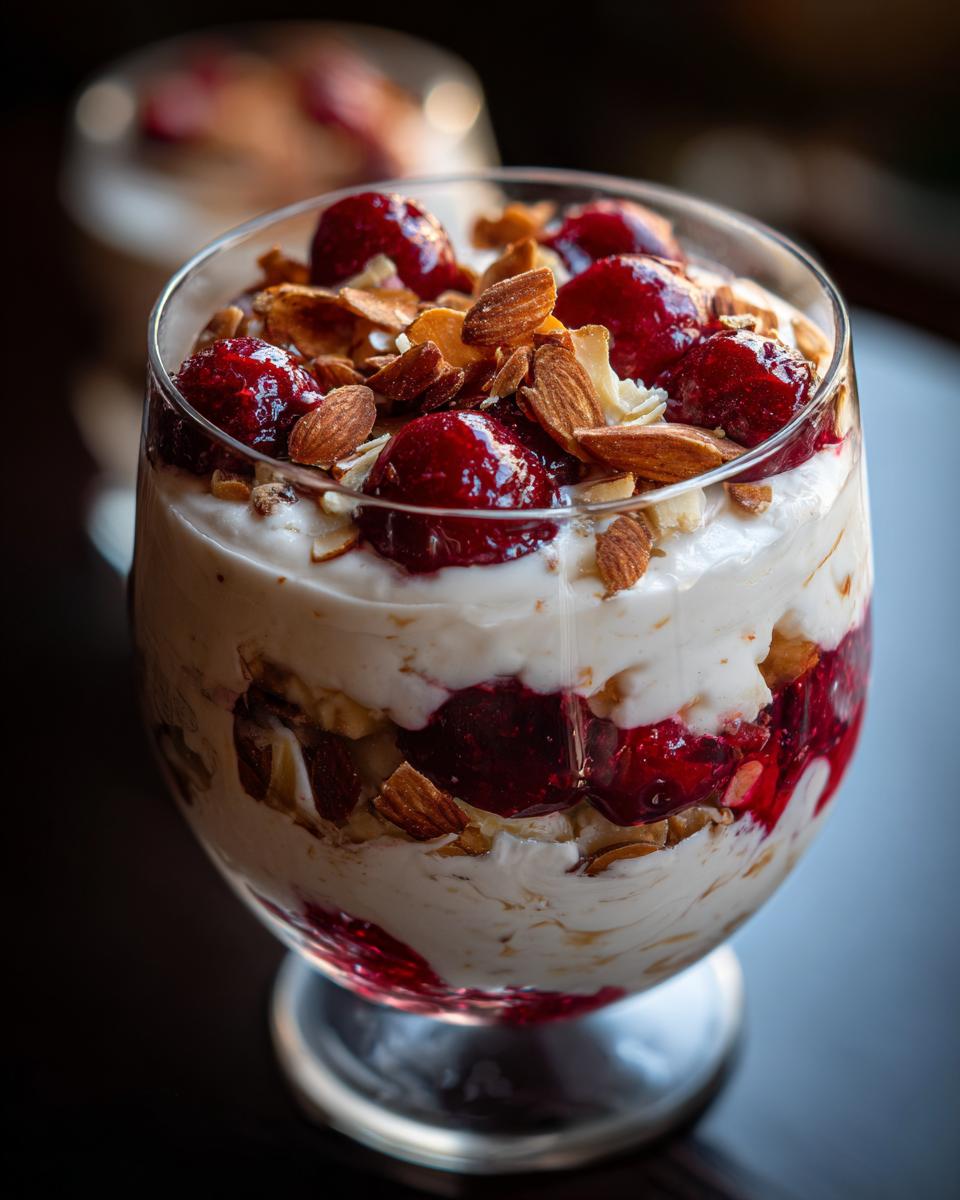 Cremiges Zimtparfait mit gebrannten Mandeln und Kirschen in einem Glas.
