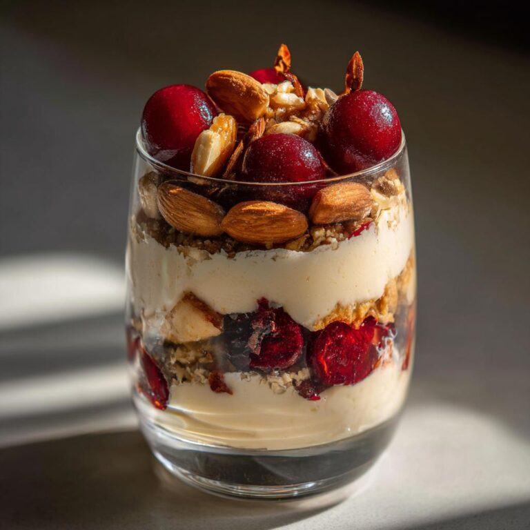 Cremiges Zimtparfait mit gebrannten Mandeln und Kirschen in einem Glas geschichtet.