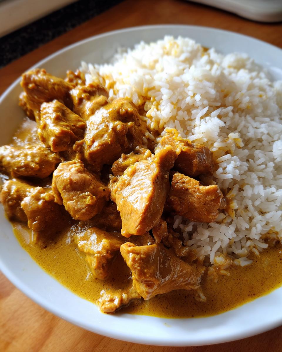 Nahaufnahme von Curry-Geschnetzeltes mit Reis auf einem Teller, mit saftigen Hähnchenstücken in cremiger Currysauce.