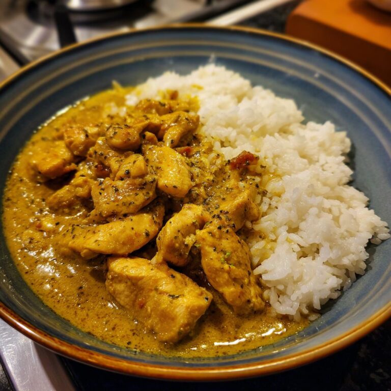 Eine Schüssel mit Curry-Geschnetzeltes mit Reis, das Gericht ist mit Hähnchenstücken in einer cremigen Currysauce und weißem Reis gefüllt.