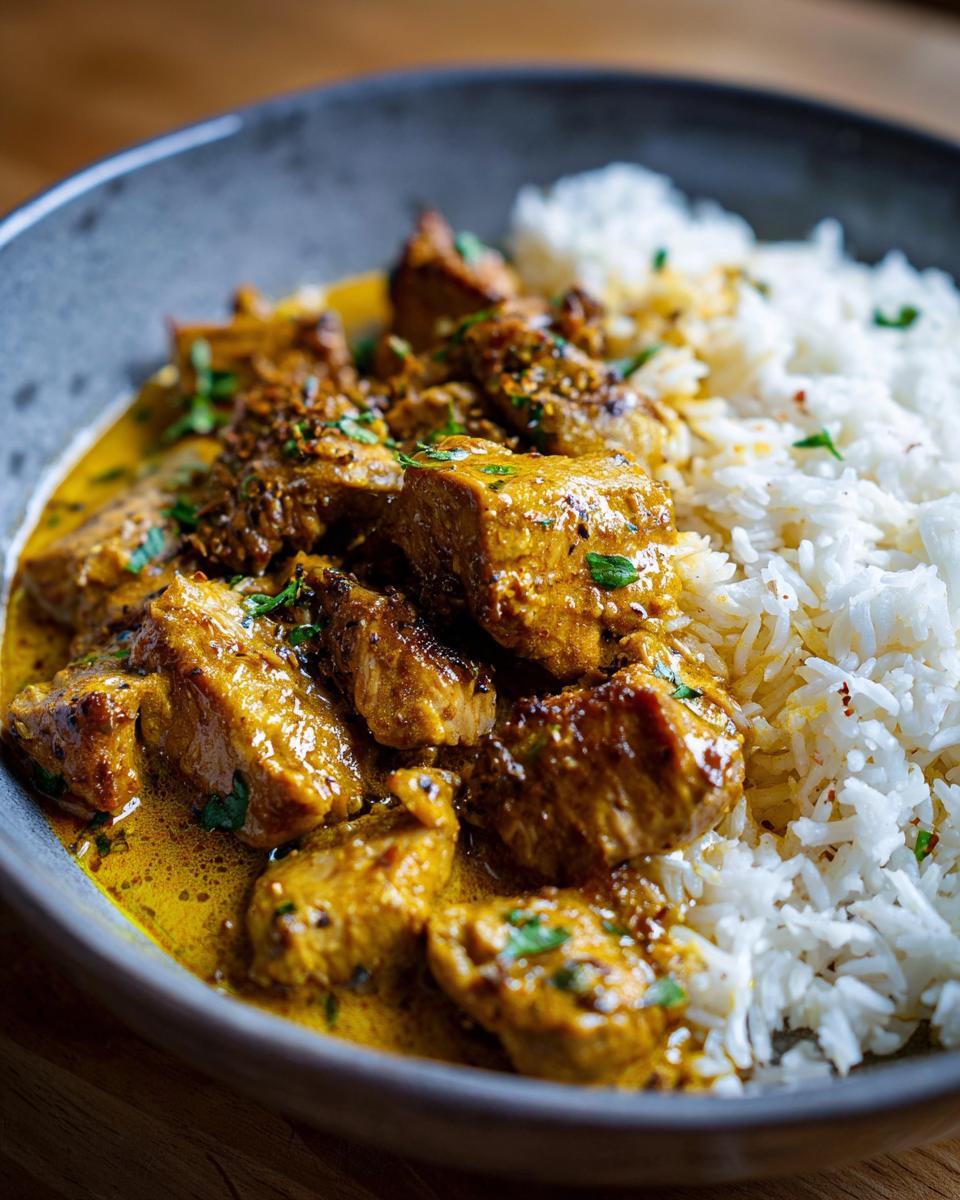 Nahaufnahme von Curry-Geschnetzeltes mit Reis, mit zarten Fleischstücken in einer cremigen Currysauce und daneben fluffigem Reis.