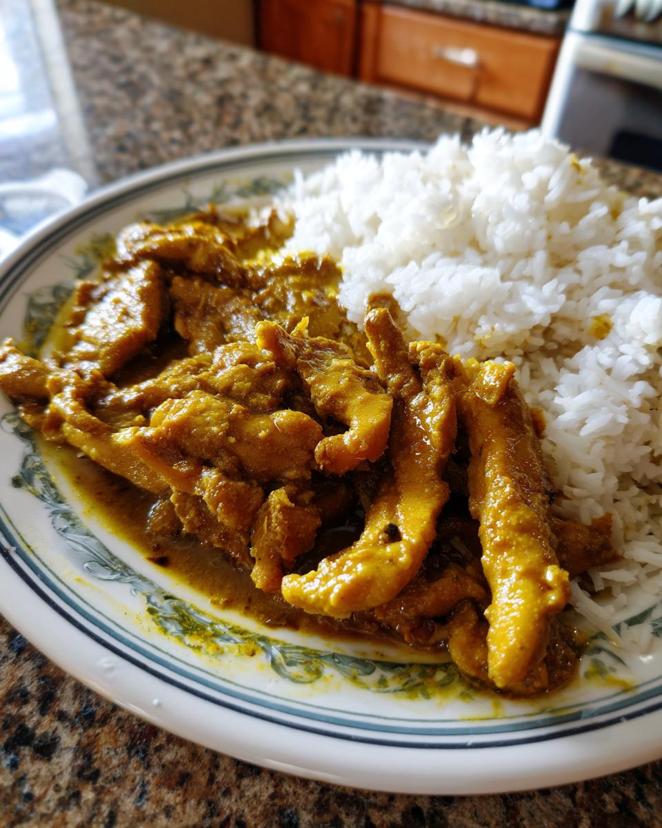 Eine Nahaufnahme eines Tellers mit Curry-Geschnetzeltes mit Reis, das Gericht ist in einer gelben Currysauce serviert.
