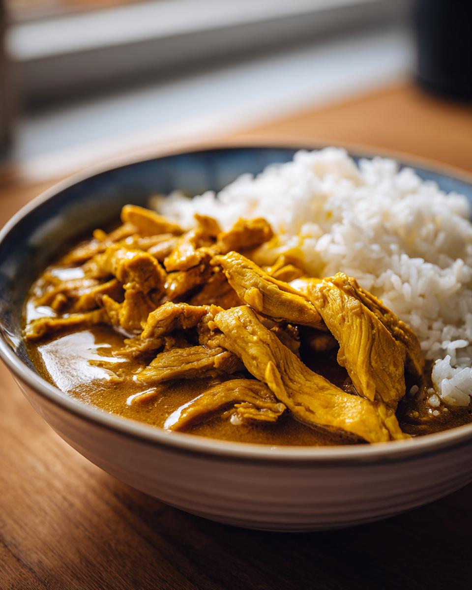 Nahaufnahme von Curry-Geschnetzeltes mit Reis in einer Schüssel, das Gericht ist gelb-orange und sieht saftig aus.