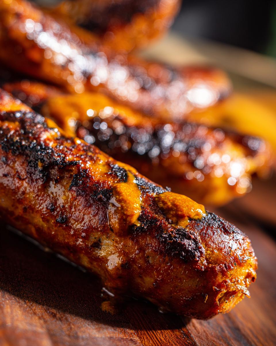 Nahaufnahme einer gegrillten Currywurst mit würziger Soße, perfekt zum Currywurst selber machen.