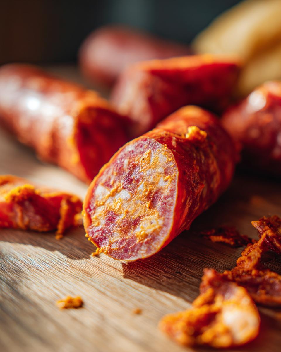 Nahaufnahme von geschnittener Currywurst auf einem Holzbrett, bereit für die Zubereitung.