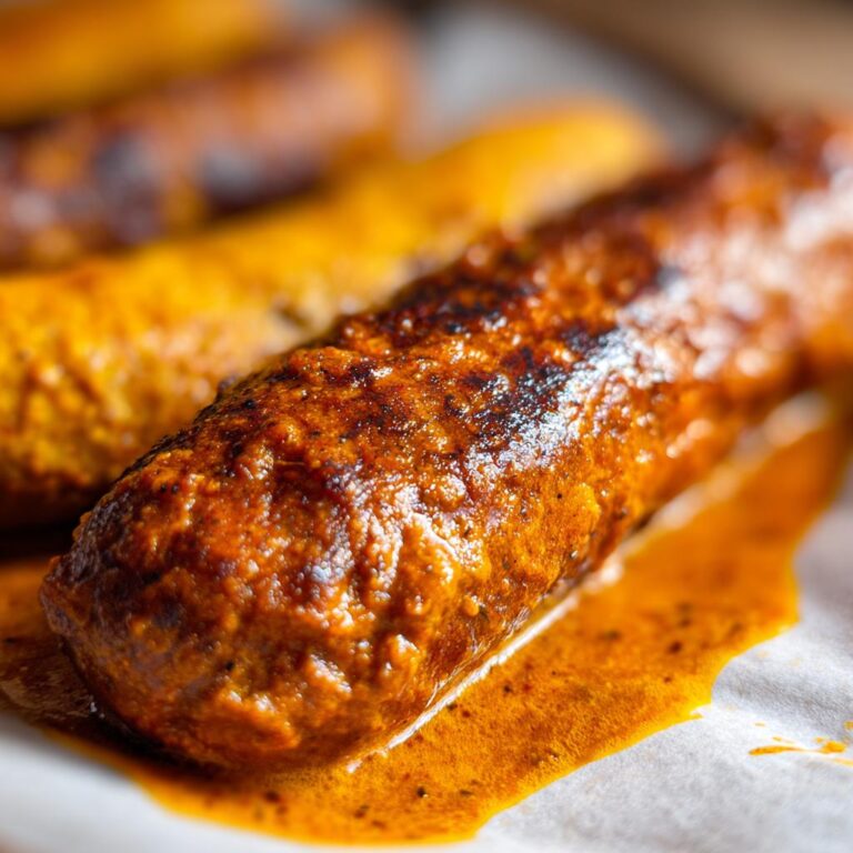 Nahaufnahme einer gebratenen Currywurst, die in ihrer würzigen Soße liegt. Perfekt zum Currywurst selber machen.