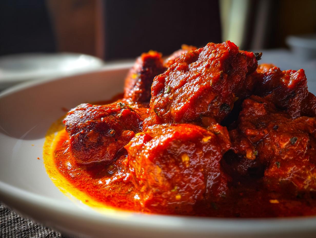 Nahaufnahme von saftigen Stücken Currwurst in einer reichhaltigen, roten Currysauce, perfekt zum Currywurst selber machen.