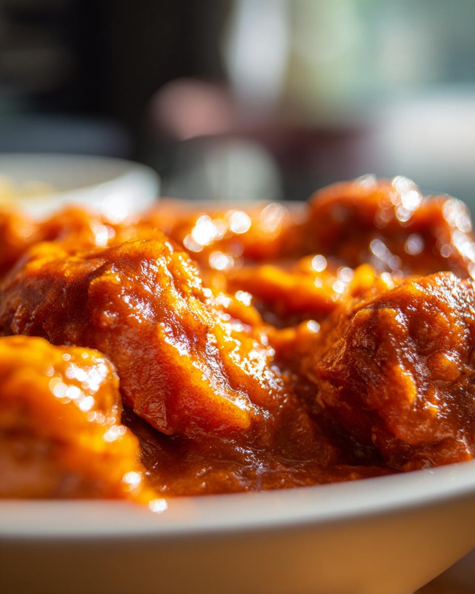 Nahaufnahme einer Schüssel mit hausgemachter Currywurst, bedeckt mit einer glänzenden, würzigen Currywurst-Soße.