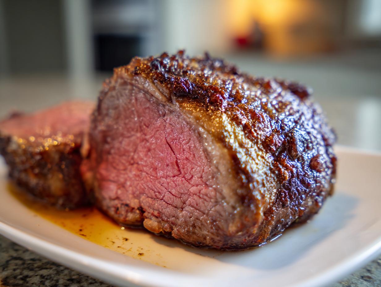 Ein saftiges Stück Weihnachtsbraten, perfekt gebraten mit einer knusprigen Kruste.