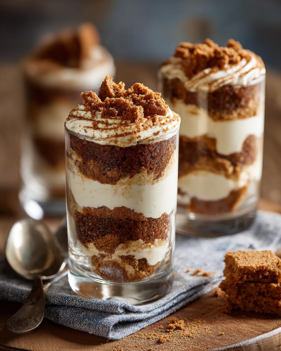 Nahaufnahme eines Desserts mit Spekulatius, geschichtet mit Creme in einem Glas.