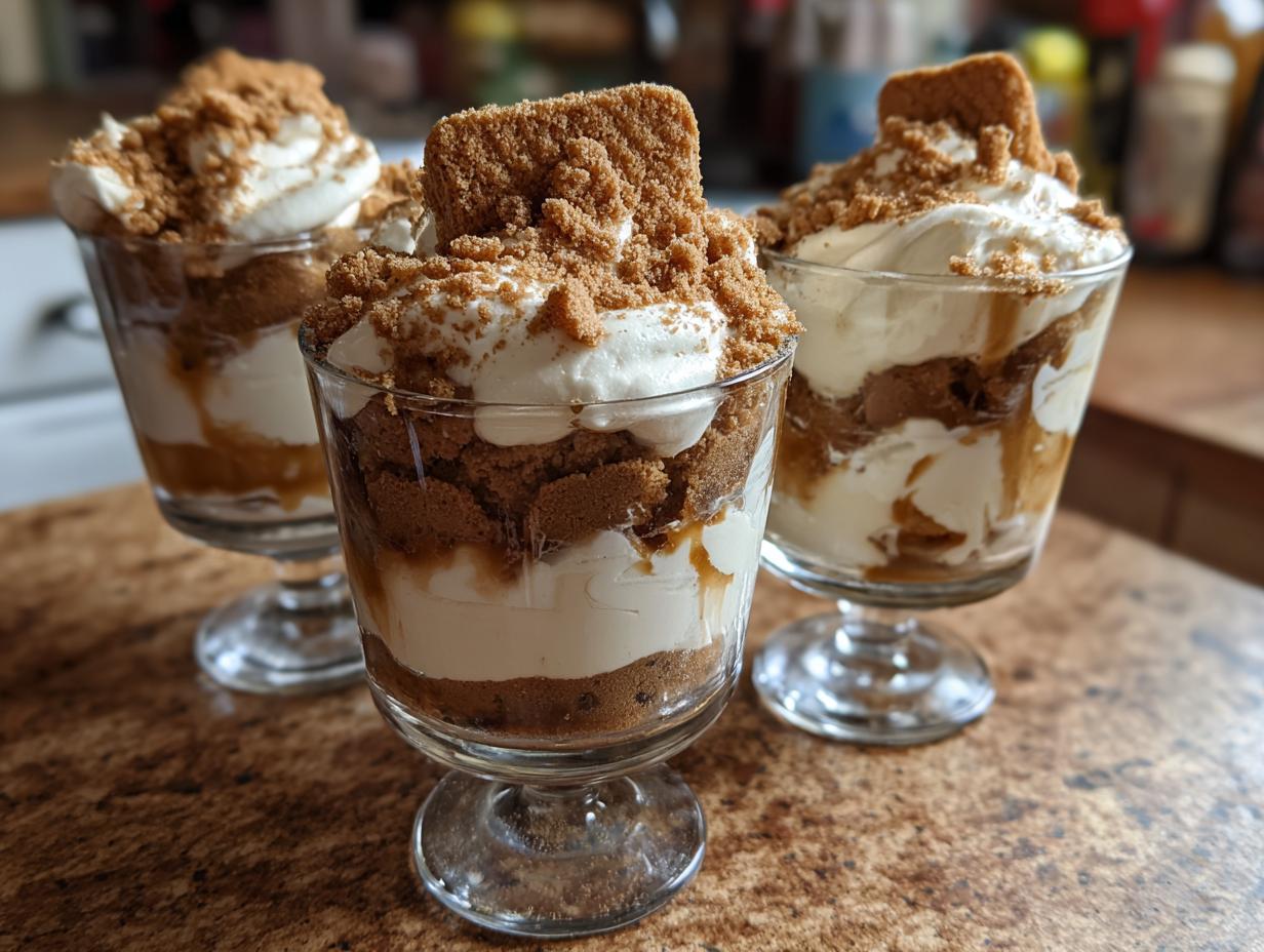 Drei Gläser mit Dessert mit Spekulatius, geschichtet mit Sahne und zerbröselten Spekulatius-Keksen.