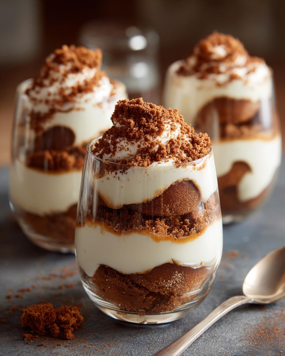 Schichtdessert mit Spekulatius-Keksen und Sahne in Gläsern, garniert mit Spekulatius-Krümeln.