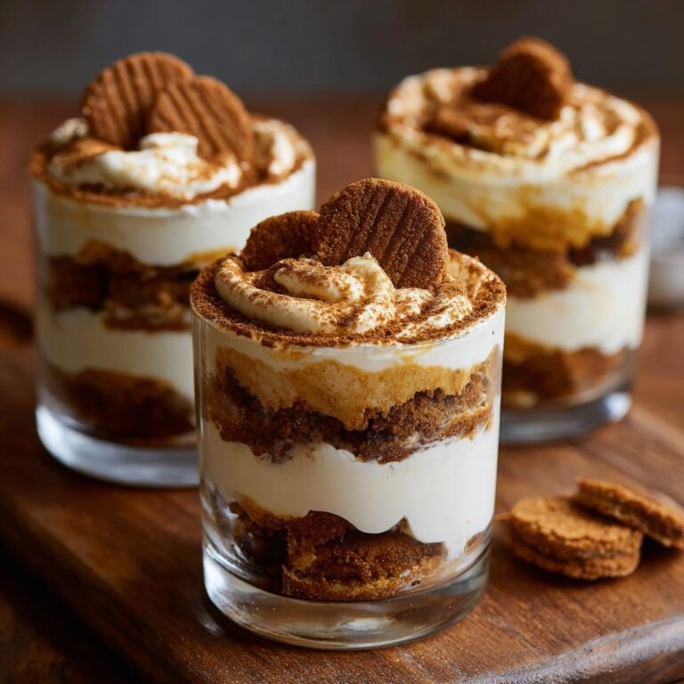 Drei Gläser mit einem geschichteten Dessert mit Spekulatius, Sahne und Kakaopulver.