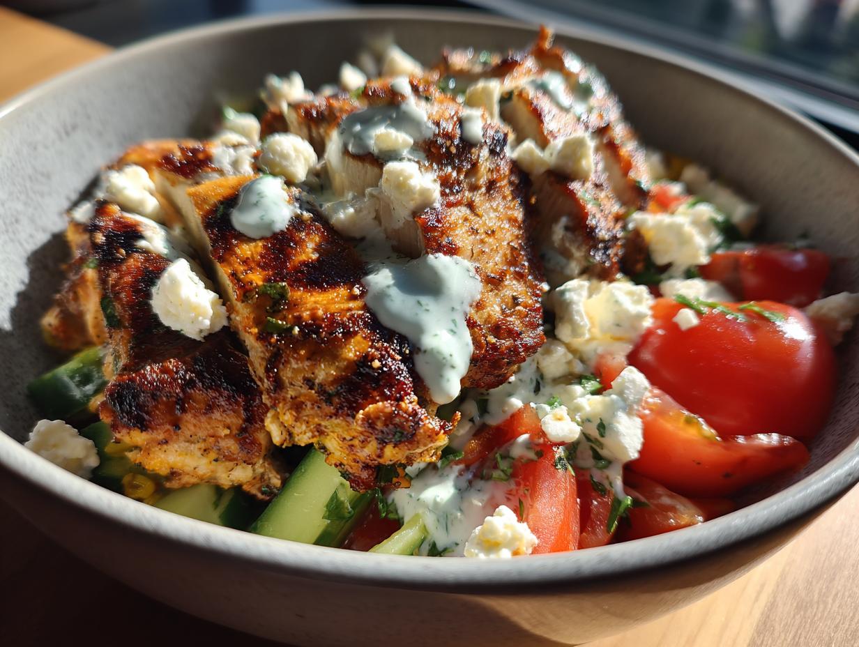 Eine Döner-Bowl mit Hähnchen, Tomaten, Gurken und Feta-Käse, beträufelt mit Joghurt-Dressing.