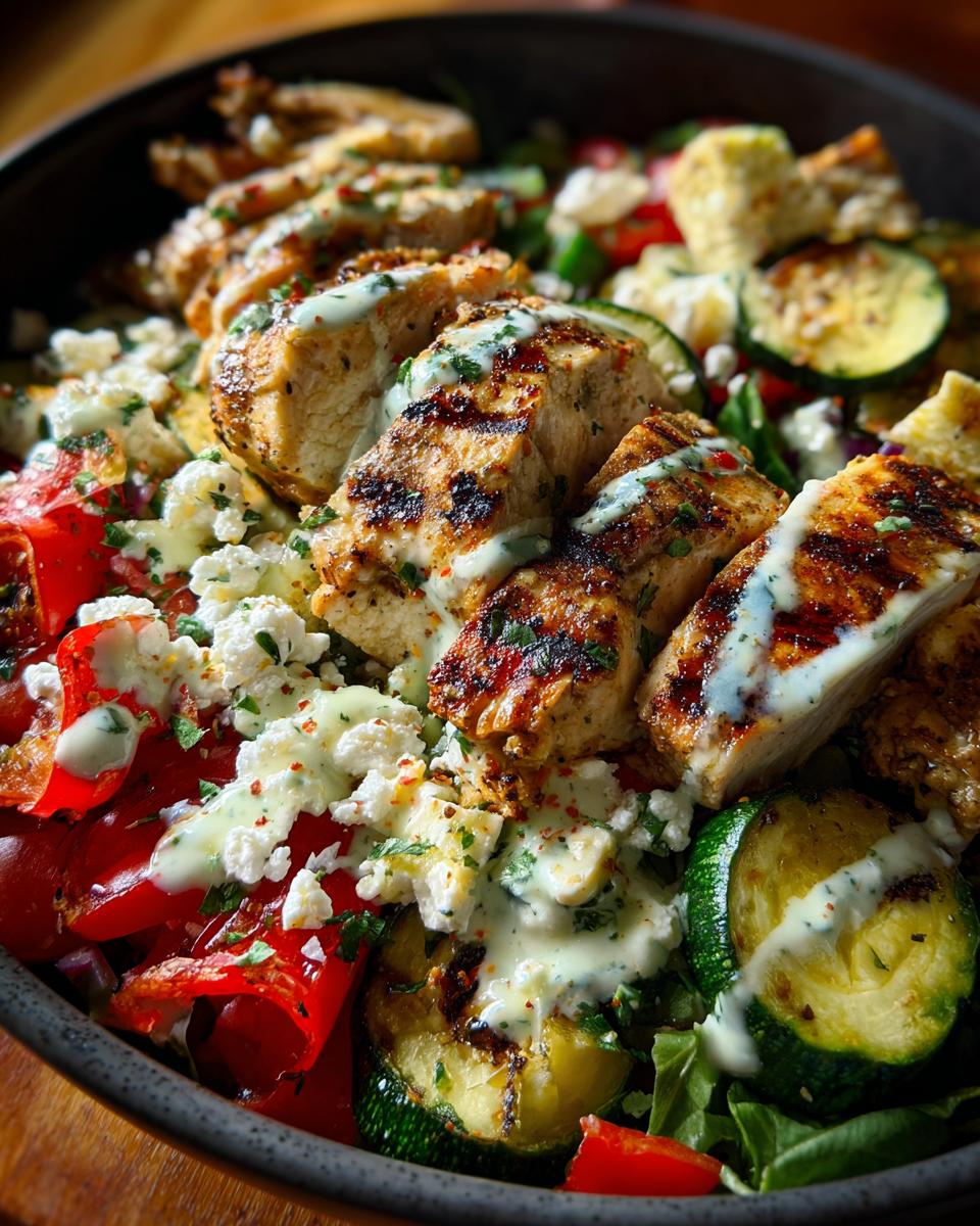 Nahaufnahme einer Döner-Bowl mit Hähnchen, gegrilltem Gemüse, Feta-Käse und Joghurt-Dressing.