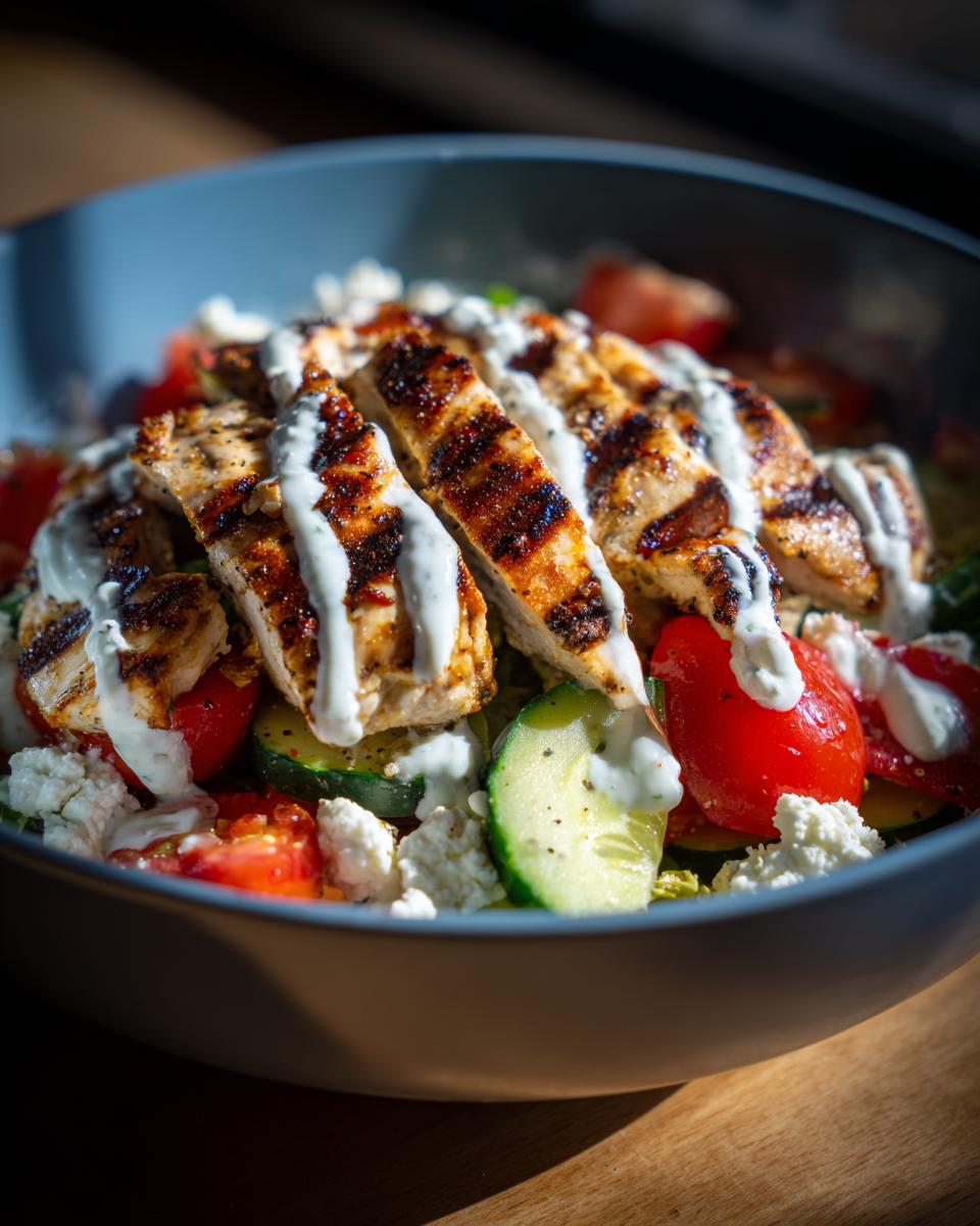 Nahaufnahme einer Döner-Bowl mit Hähnchen, gegrillten Hähnchenbruststreifen, Tomaten, Gurken und Feta-Käse, beträufelt mit Sauce.