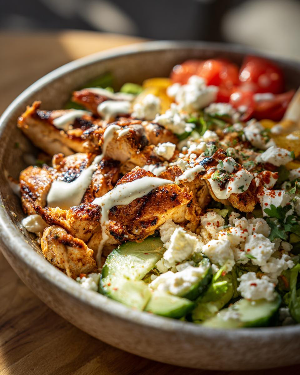 Nahaufnahme einer Döner-Bowl mit Hähnchen, garniert mit Joghurt-Dressing und Feta.