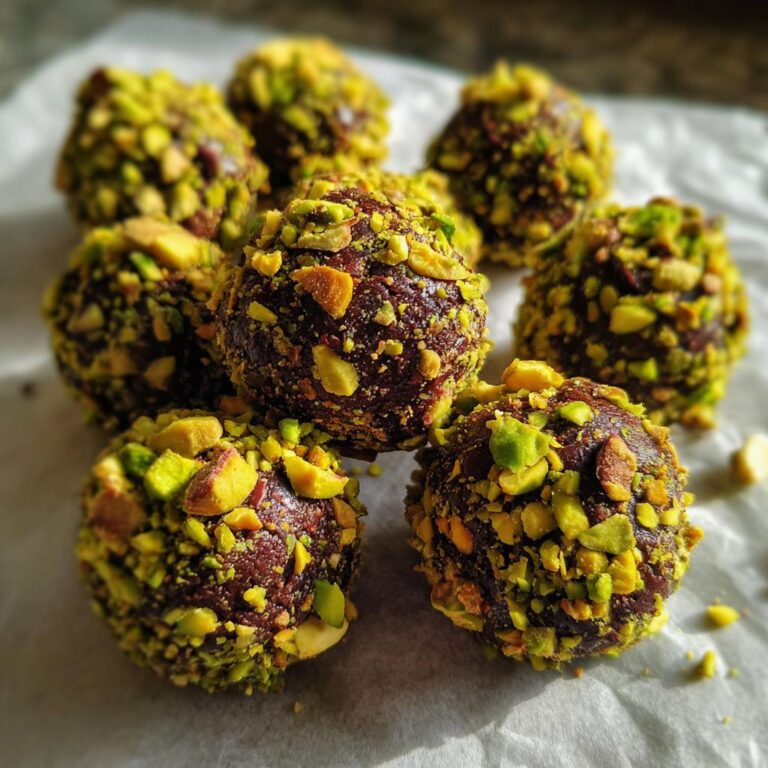 Nahaufnahme von luxuriösen Dubai-Schokoladenpralinen, umhüllt von gehackten Pistazien.