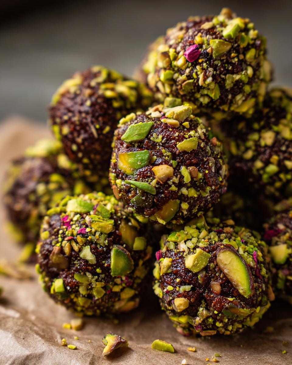 Nahaufnahme von Dubai-Schokoladenpralinen, die mit gehackten Pistazien und einigen rosa Blütenblättern bedeckt sind.