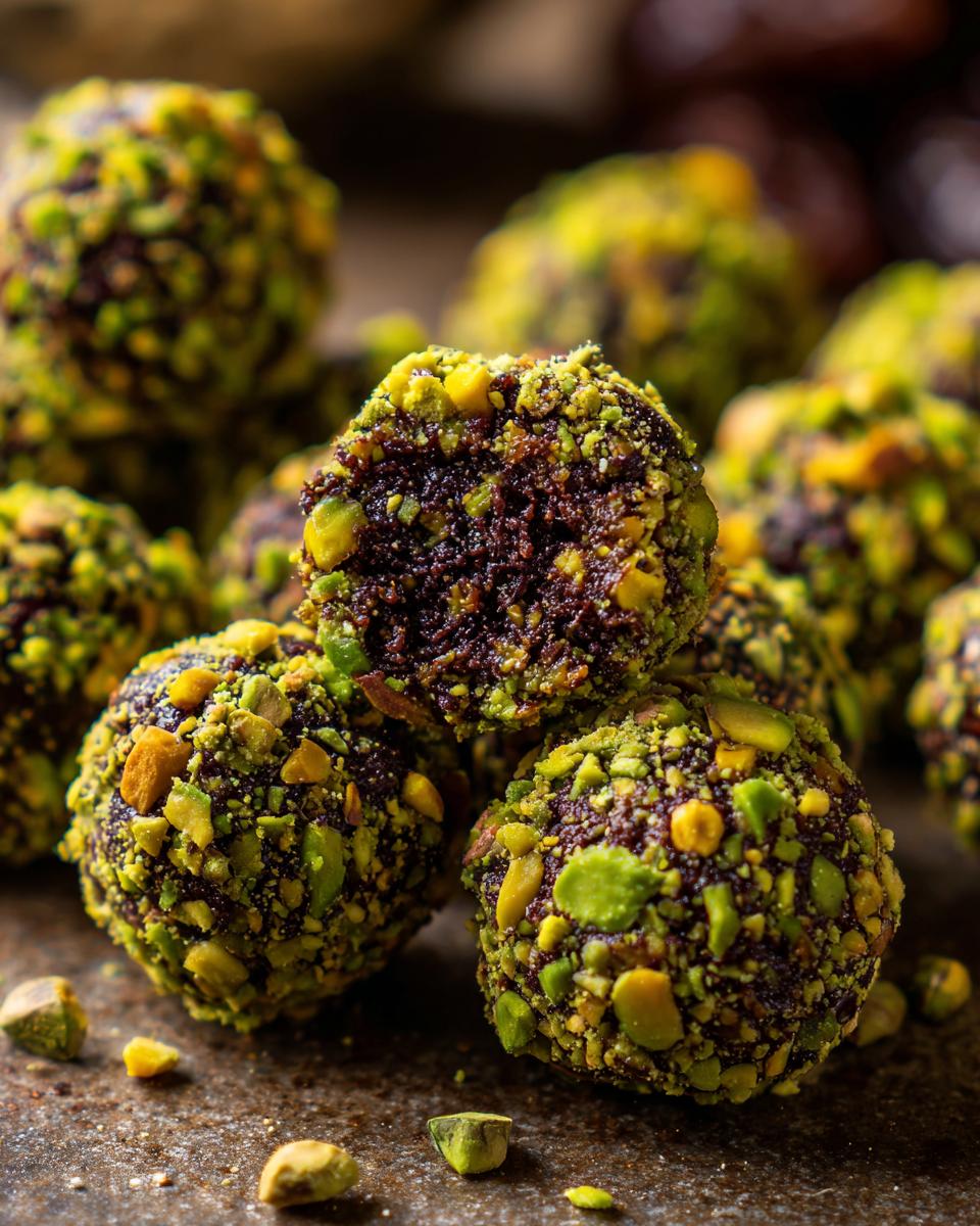 Nahaufnahme von Dubai-Schokoladenpralinen, die mit gehackten Pistazien überzogen sind.