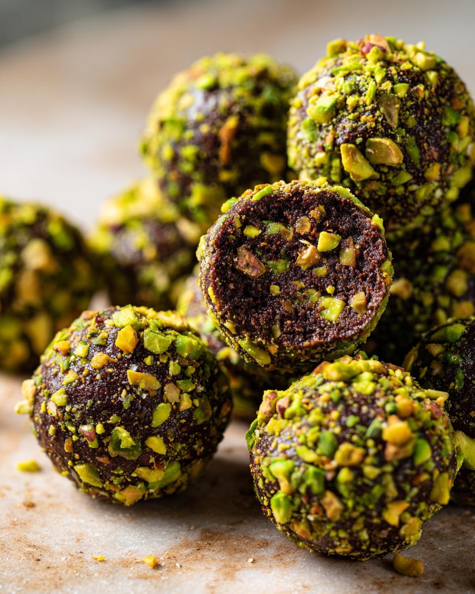 Nahaufnahme von luxuriösen Dubai-Schokoladenpralinen, umhüllt von gehackten Pistazien.