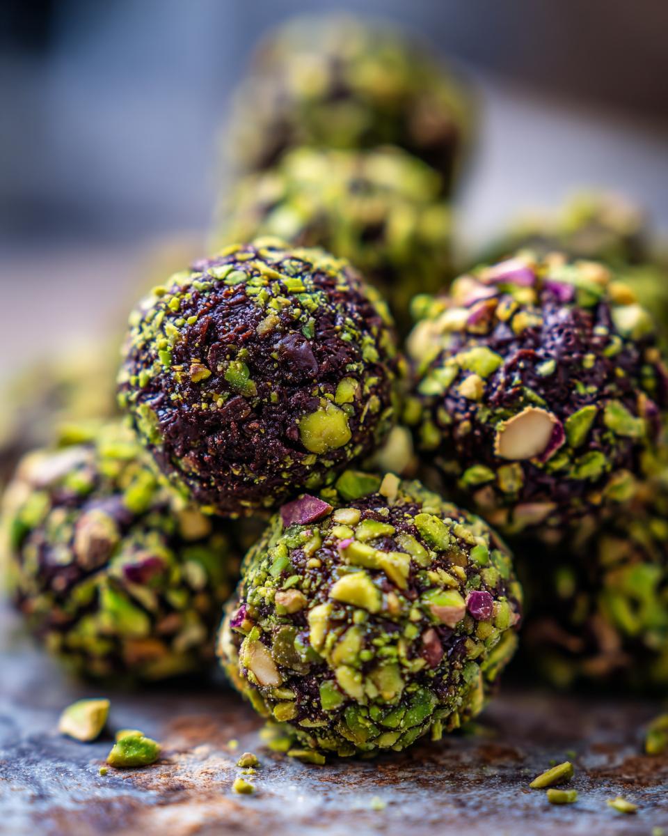 Nahaufnahme von Dubai-Schokoladenpralinen, umhüllt von gehackten Pistazien.