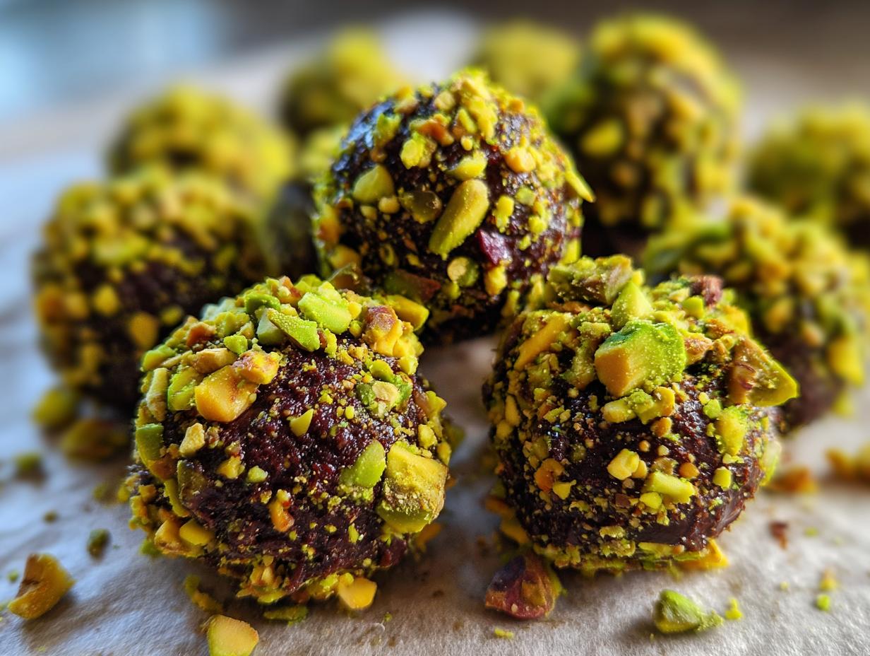 Nahaufnahme von Dubai-Schokoladenpralinen, umhüllt mit gehackten Pistazien.