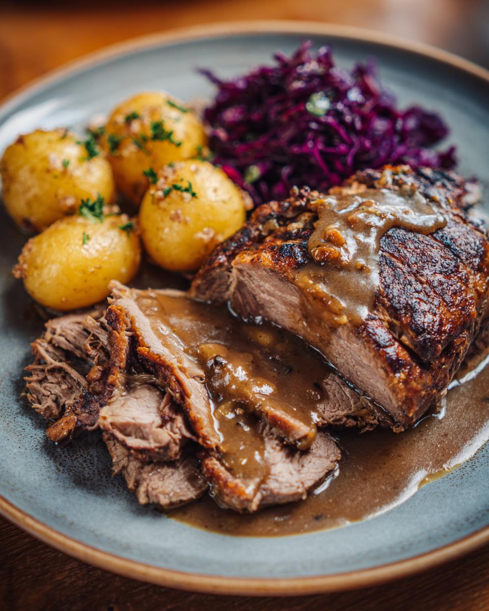Ein Teller mit einem Braten, der in Scheiben geschnitten ist, serviert mit kleinen Kartoffeln und Rotkohl. Ein köstliches Easy Weihnachtsessen.