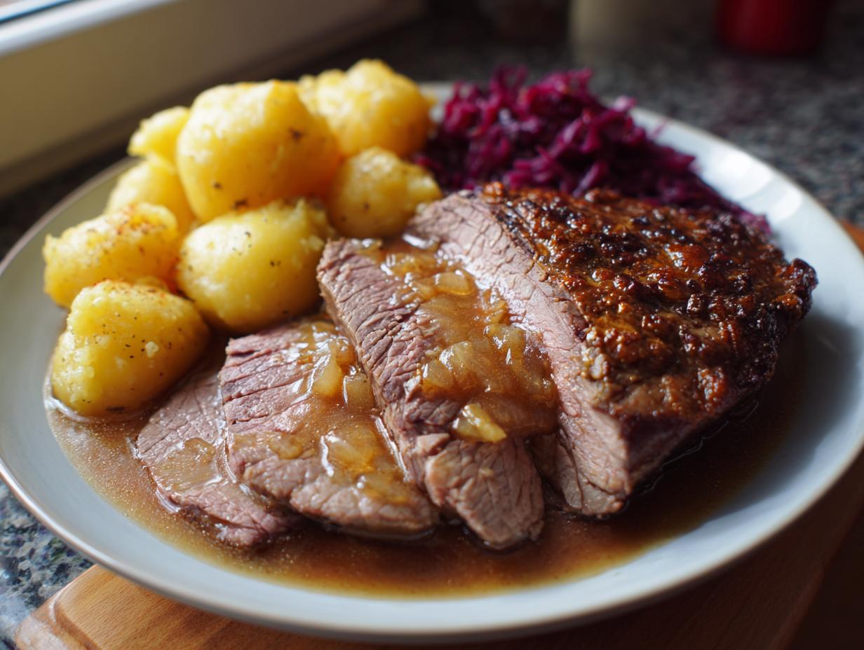 Ein Teller mit einem saftigen Braten, Salzkartoffeln und Rotkohl – perfekt für ein Easy Weihnachtsessen.